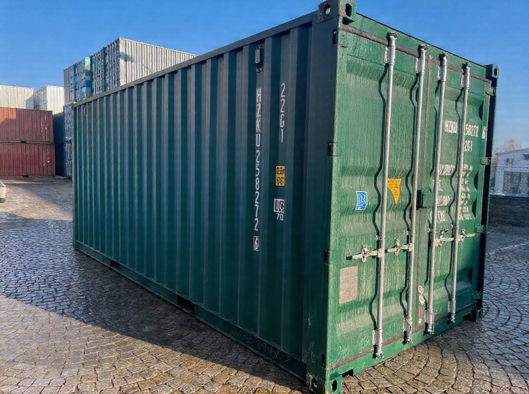 Grüner Seecontainer 20ft - Schrägansicht hinten